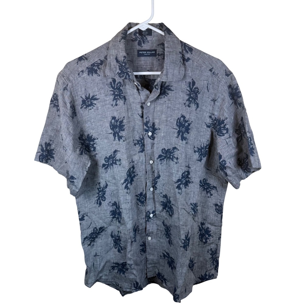 Peter Millar Collection Linen Shirt Mens Large Grey Floral Tropical Resortwear